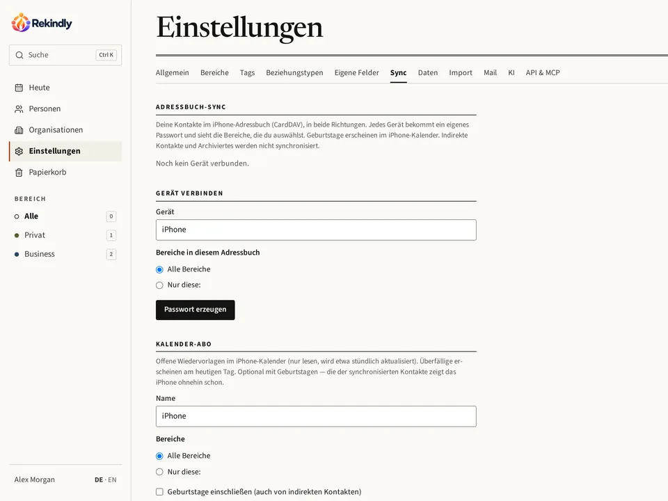 Die Sync-Einstellungen mit dem Adressbuch-Abgleich per CardDAV und dem Kalender-Abo.