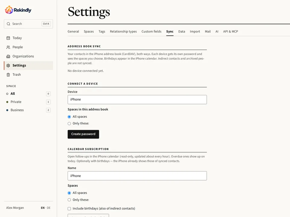 The sync settings with address book sync over CardDAV and the calendar subscription.